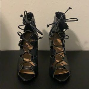 Just Fab Black lace up peep toe heel pump bootie